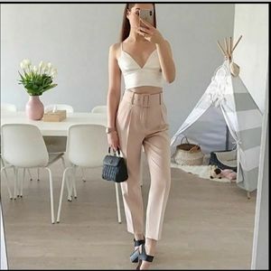 Zara high waist belted trousers pink NWT med
